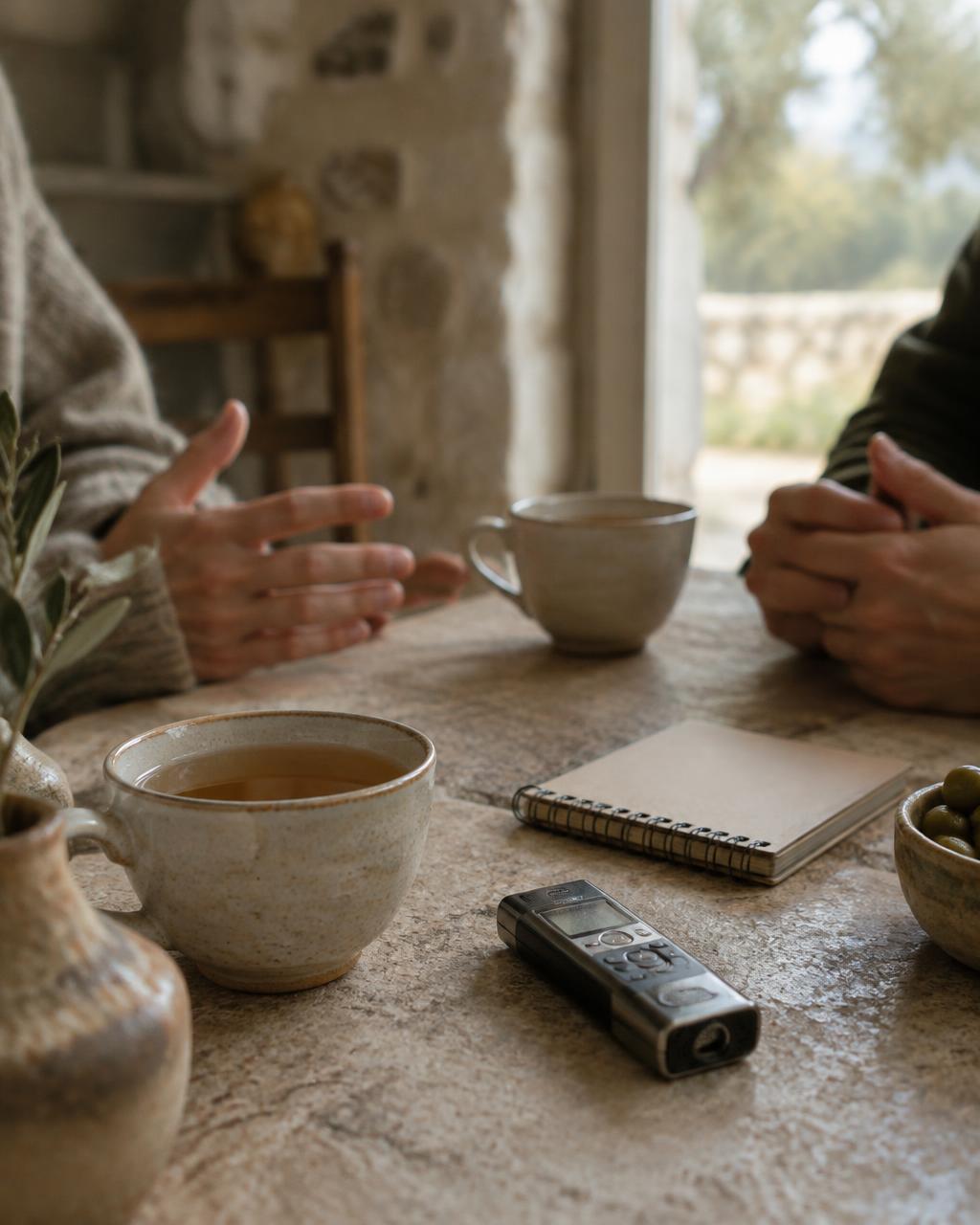Dos tazas de té y una grabadora sobre una mesa de piedra durante una conversación
