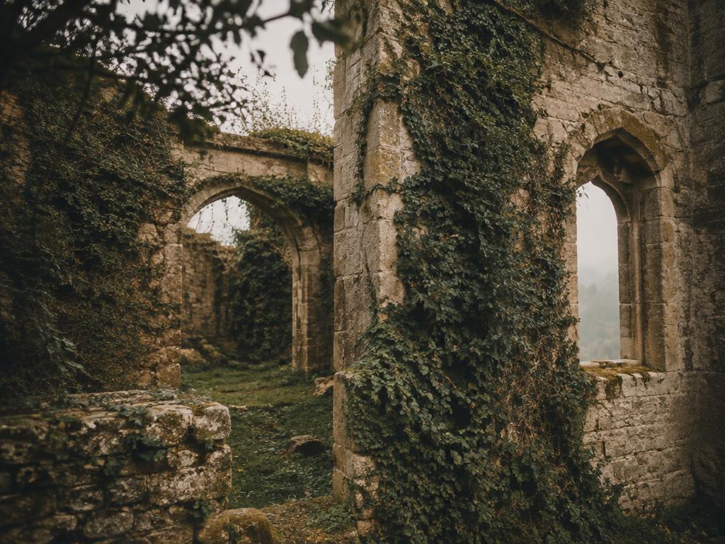 Ruinas de piedra cubiertas de hiedra, vestigios de un pasado remoto